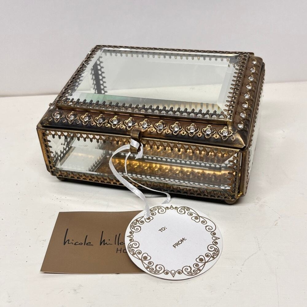 Nicole Miller Bevel Glass Footed Jewelry Trinket Box